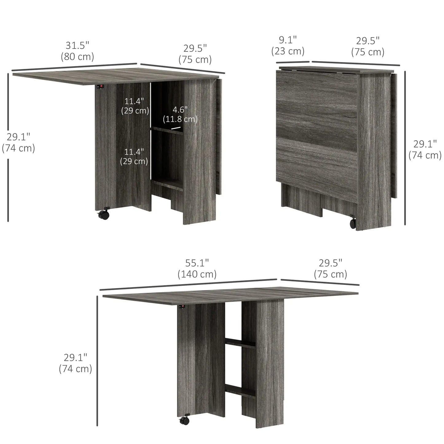Extendable Dining Table, Collapsible w/ Shelves, Grey Wood Grain, Grey Dining Tables at Gallery Canada