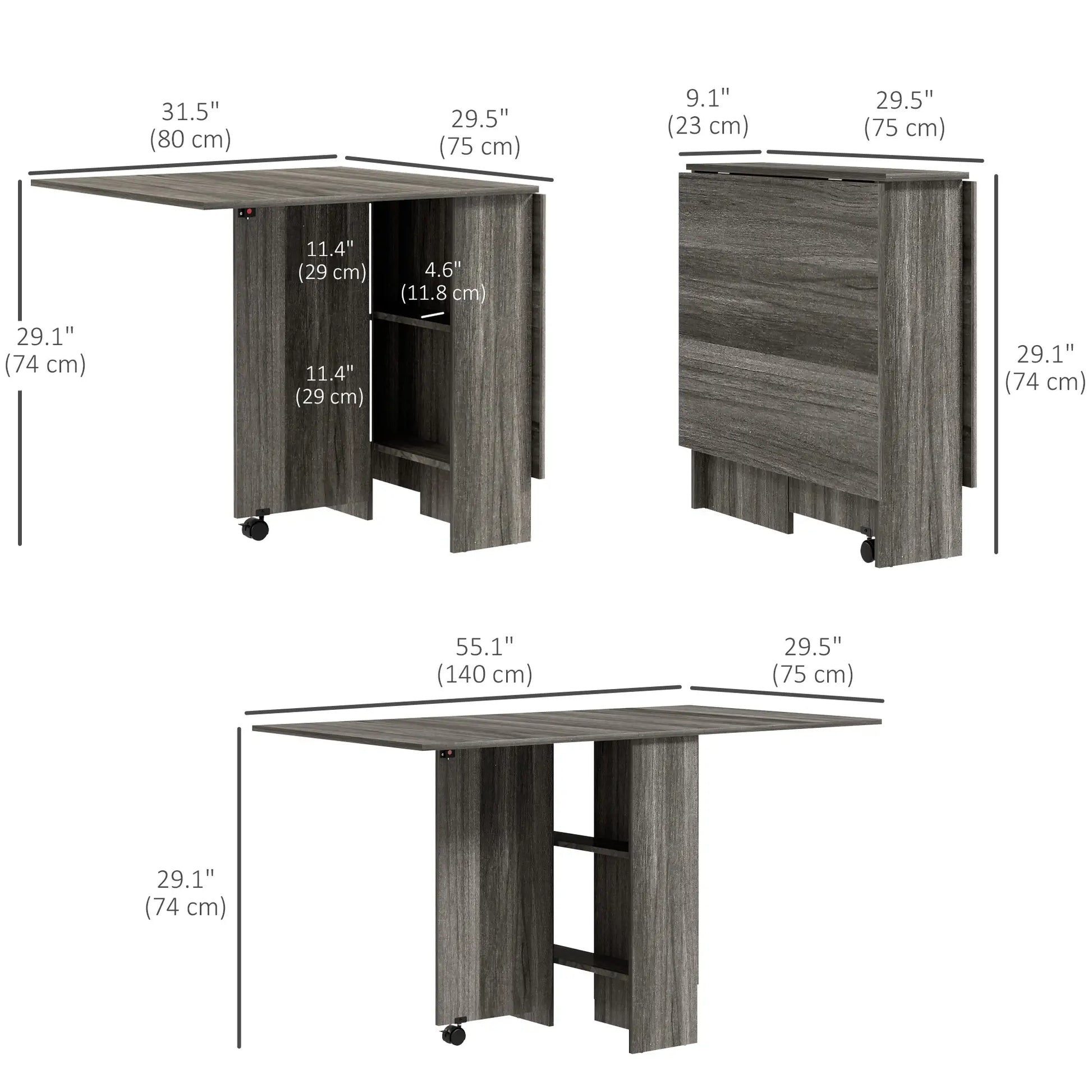 Extendable Dining Table, Collapsible w/ Shelves, Grey Wood Grain, Grey Dining Tables at Gallery Canada