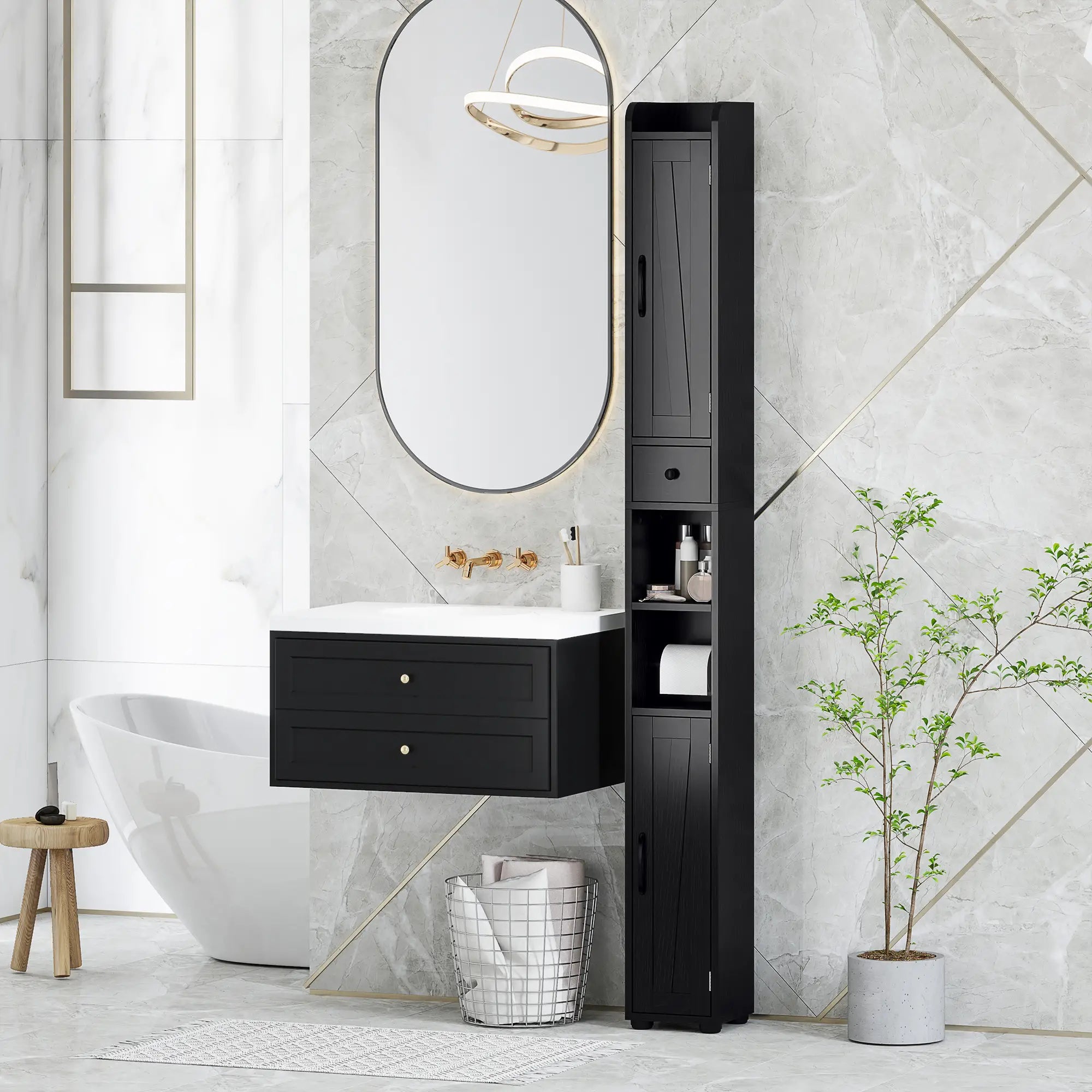Narrow Bathroom Cabinet, Tall Storage with Barn Doors, Wood Grain, Black Bathroom Cabinets at Gallery Canada