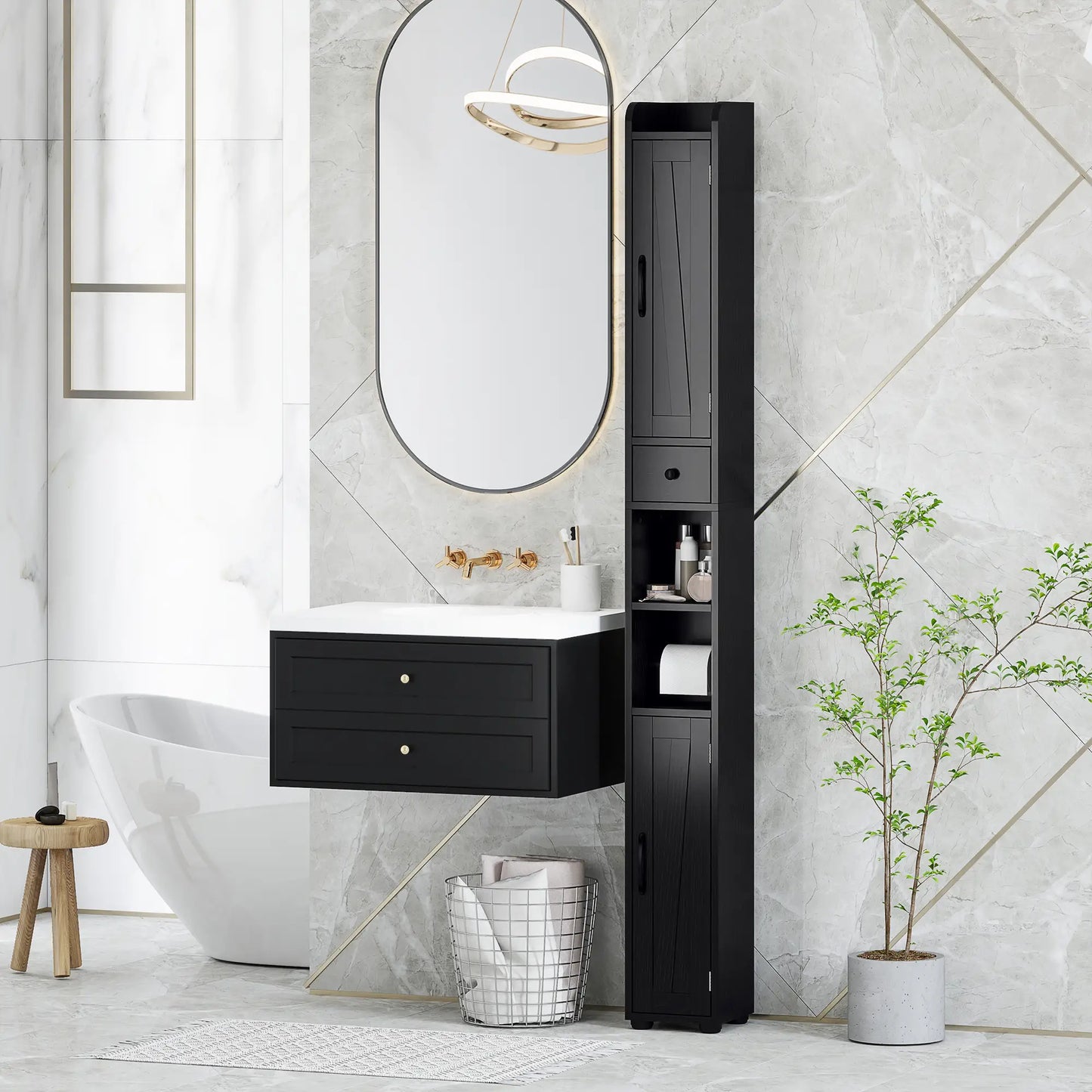 Narrow Bathroom Cabinet, Tall Storage with Barn Doors, Wood Grain, Black Bathroom Cabinets at Gallery Canada
