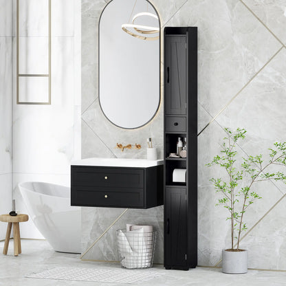 Narrow Bathroom Cabinet, Tall Storage with Barn Doors, Wood Grain, Black Bathroom Cabinets at Gallery Canada