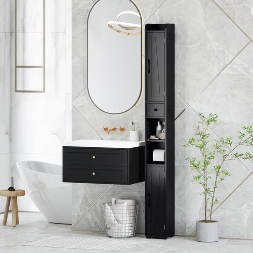 Narrow Bathroom Cabinet, Tall Storage with Barn Doors, Wood Grain, Black