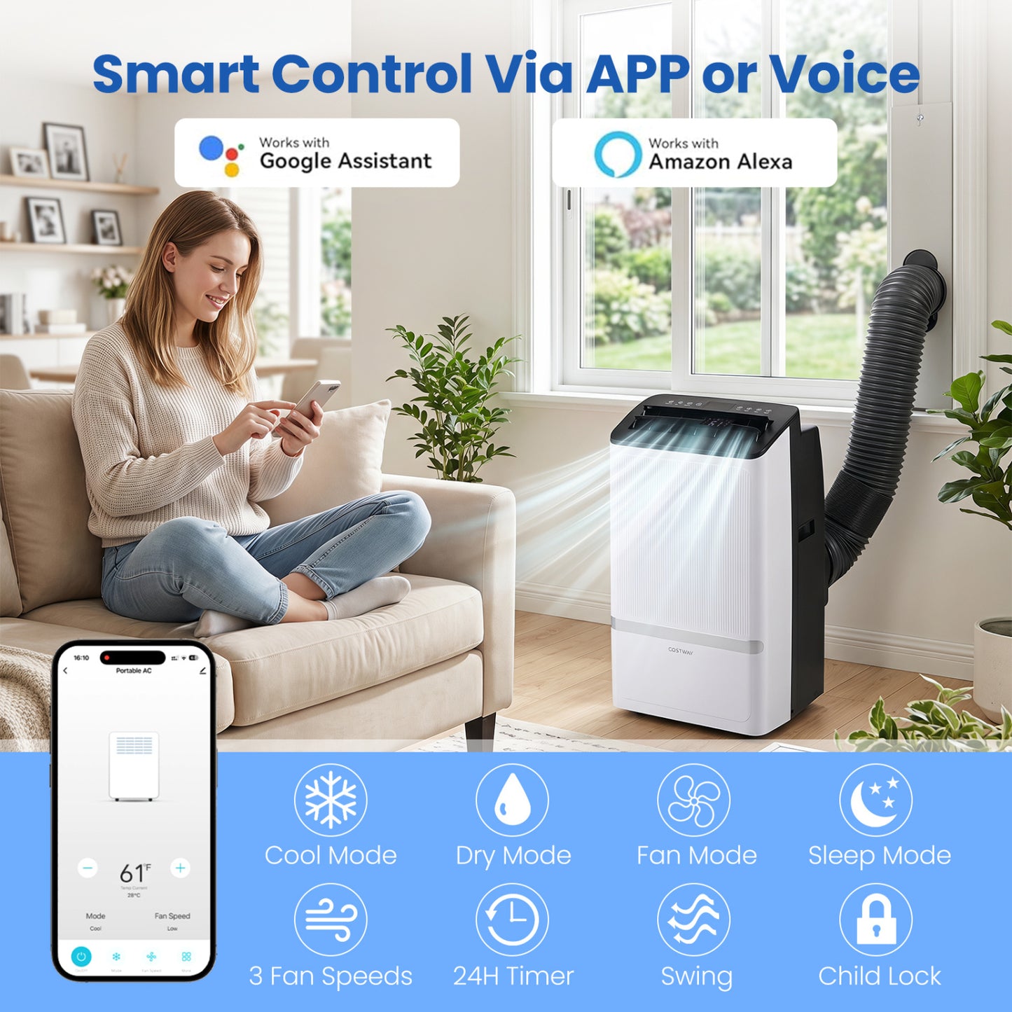 14000 BTU WiFi Portable Air Conditioner, Dehumidifier, 24H Timer, Black