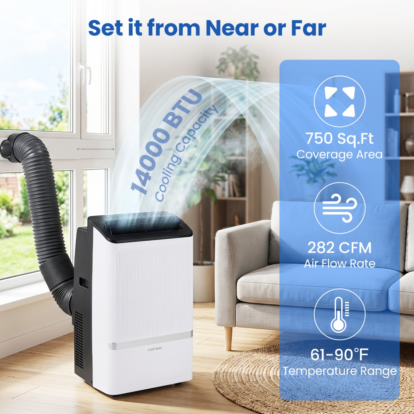 14000 BTU WiFi Portable Air Conditioner, Dehumidifier, 24H Timer, Black