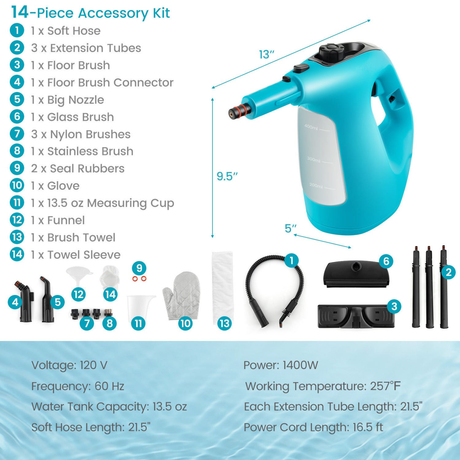 1400W Handheld Steam Cleaner, 14-Piece Accessory Kit, Child Lock, Blue Vacuums & Cleaners at Gallery Canada