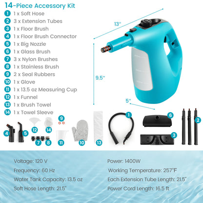1400W Handheld Steam Cleaner, 14-Piece Accessory Kit, Child Lock, Blue Vacuums & Cleaners at Gallery Canada