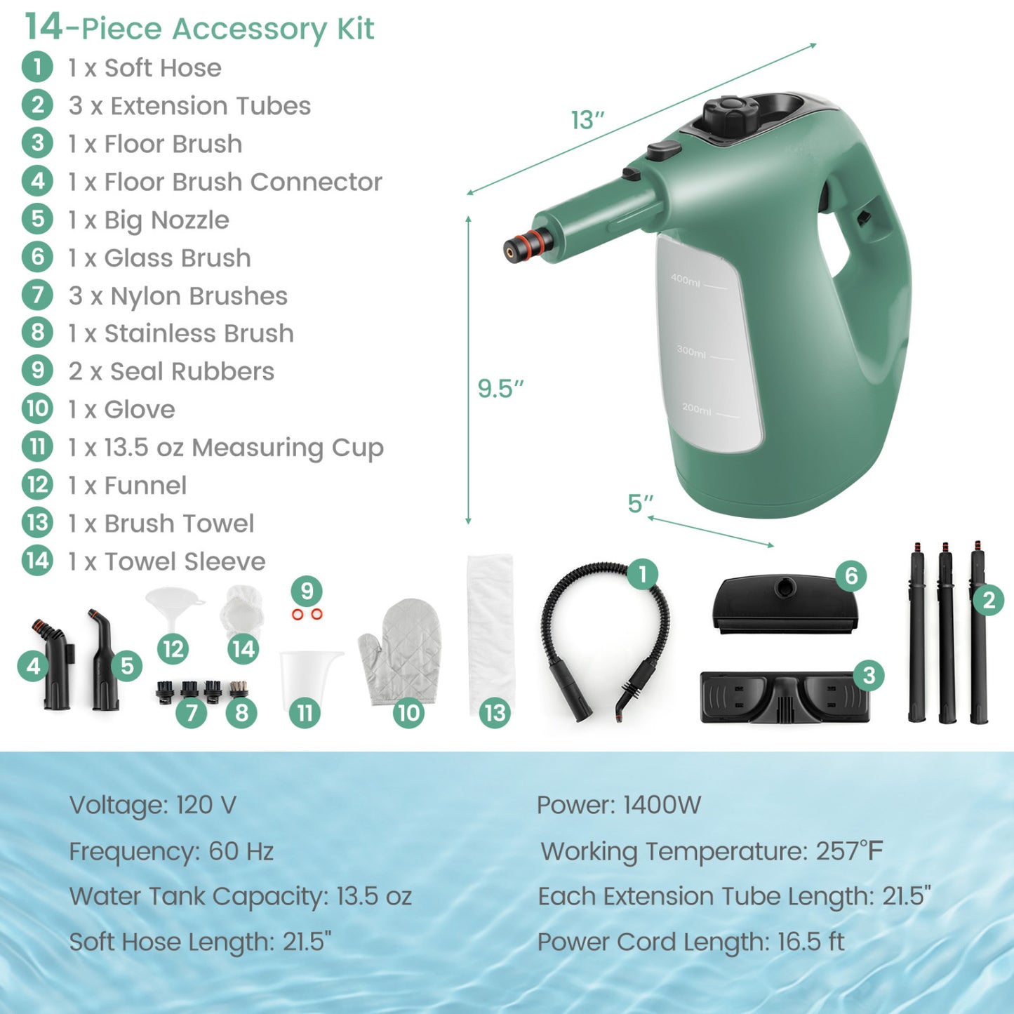 1400W Handheld Steam Cleaner, 14-Piece Accessory Kit, Child Lock, Green Vacuums & Cleaners at Gallery Canada