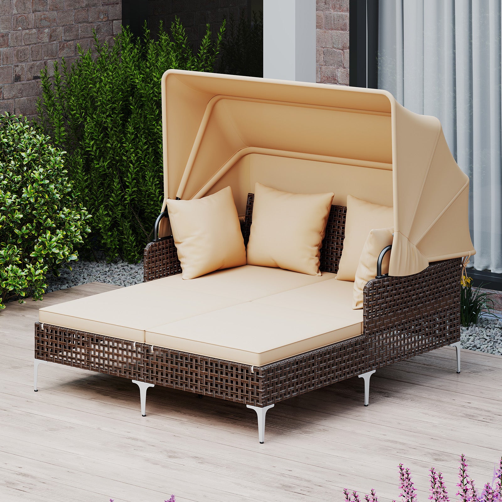 Outdoor Daybed with Retractable Canopy PE Wicker Rattan Patio Lounger, Brown Outdoor Chaise Lounges at Gallery Canada