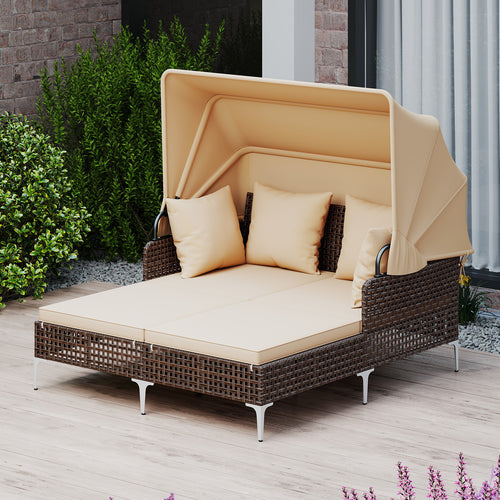 Outdoor Daybed with Retractable Canopy PE Wicker Rattan Patio Lounger, Brown