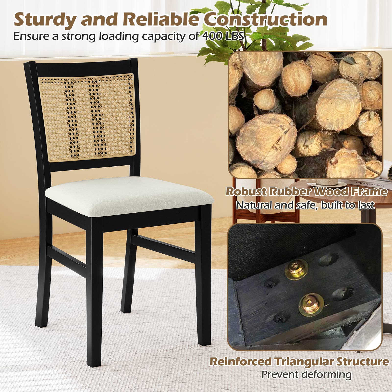 Farmhouse Rattan Dining Chair Set of 2 with Rubber Wood Legs and Cane Back, Beige Dining Chairs at Gallery Canada