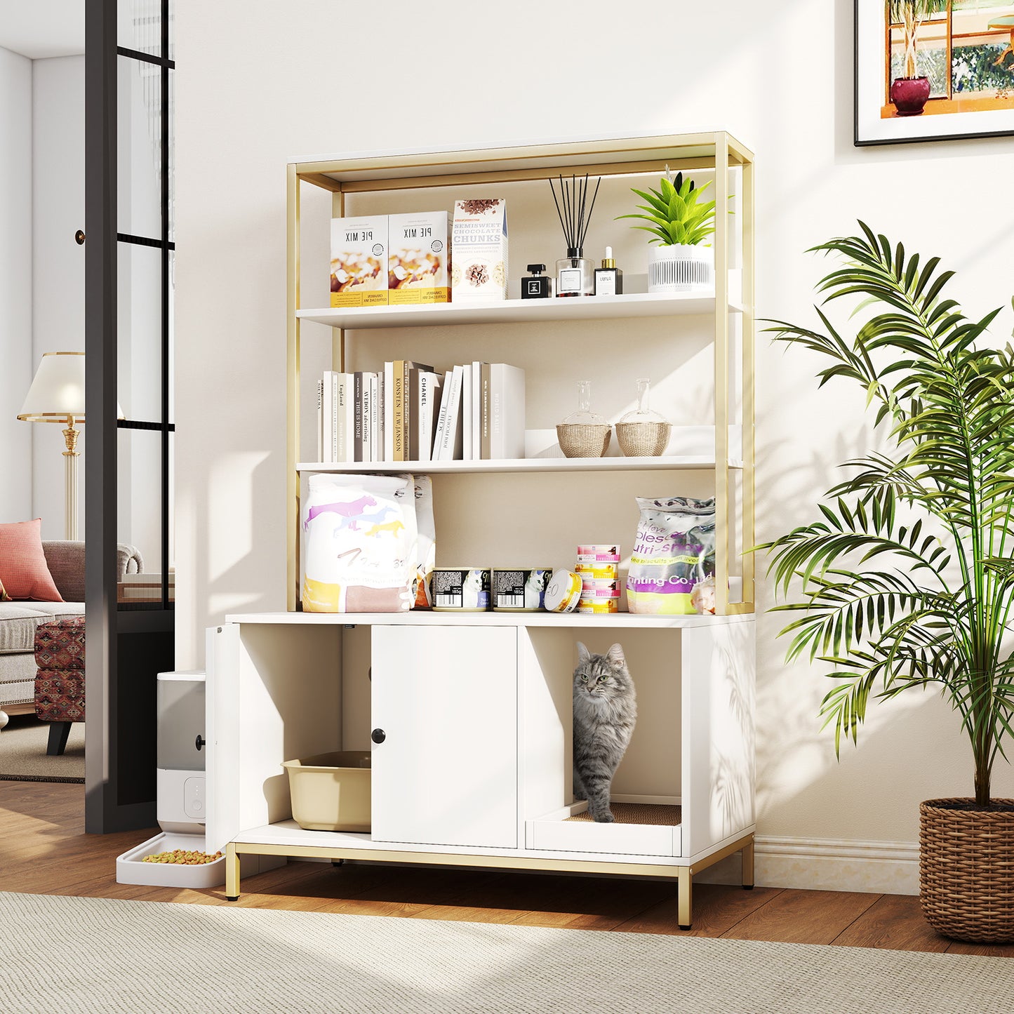 57 Inches Cat Litter Box Enclosure with Storage and Removable Scratcher, White Cat Houses at Gallery Canada