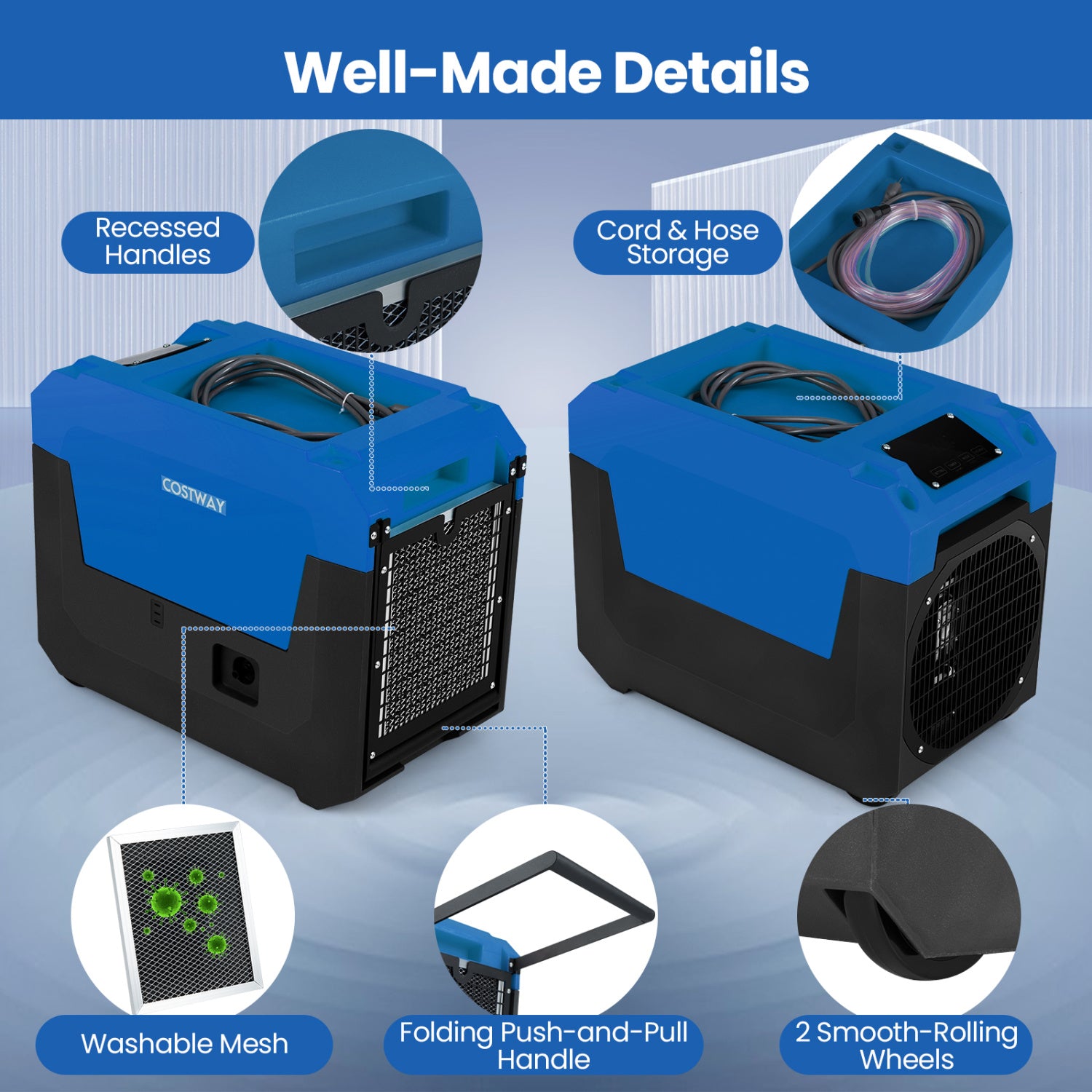140 Pints Commercial Dehumidifier with Pump and Drain Hose, Blue Dehumidifiers at Gallery Canada
