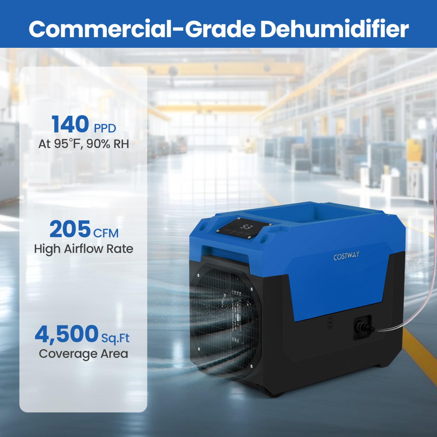 140 Pints Commercial Dehumidifier with Pump and Drain Hose, Blue Dehumidifiers at Gallery Canada