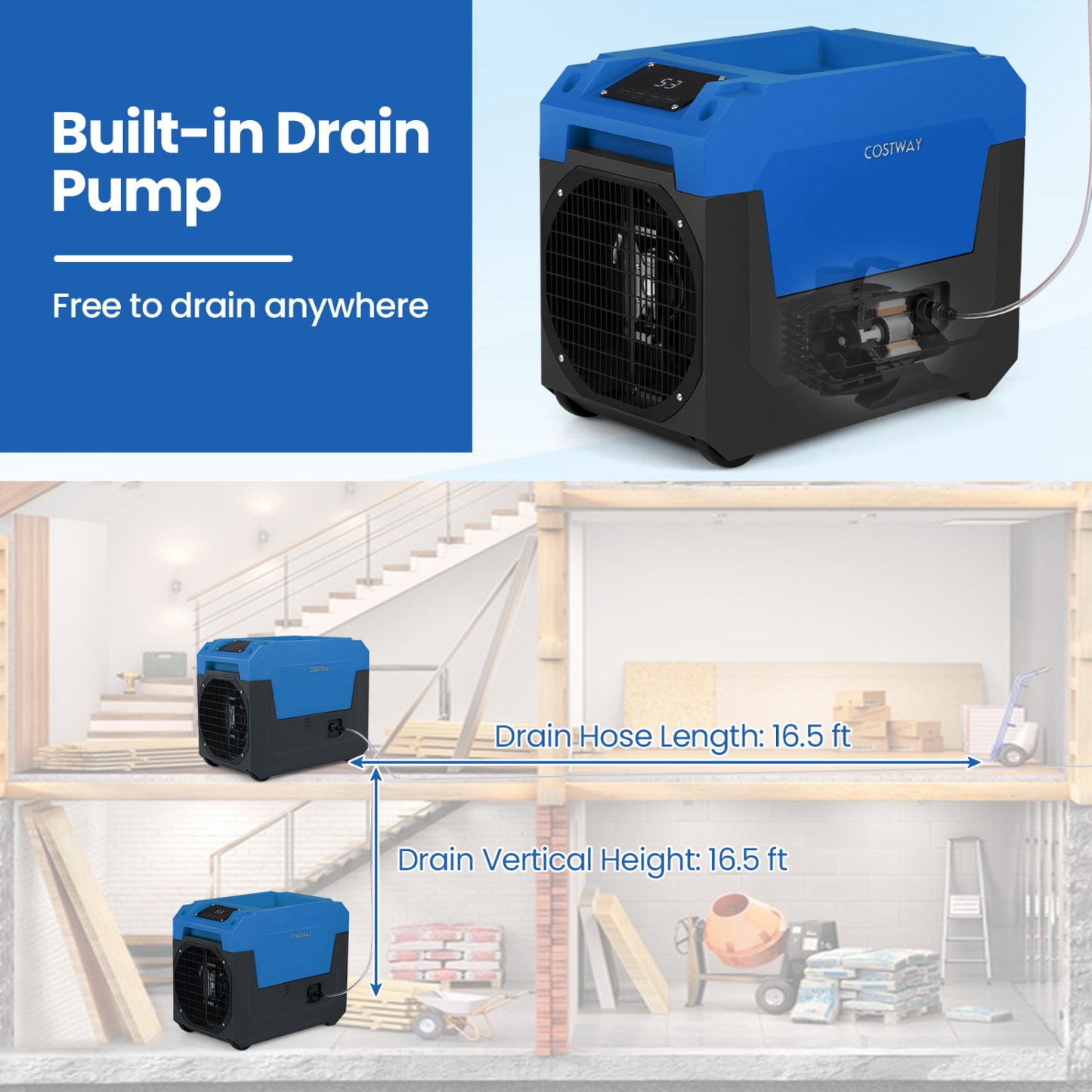 140 Pints Commercial Dehumidifier with Pump and Drain Hose, Blue Dehumidifiers at Gallery Canada