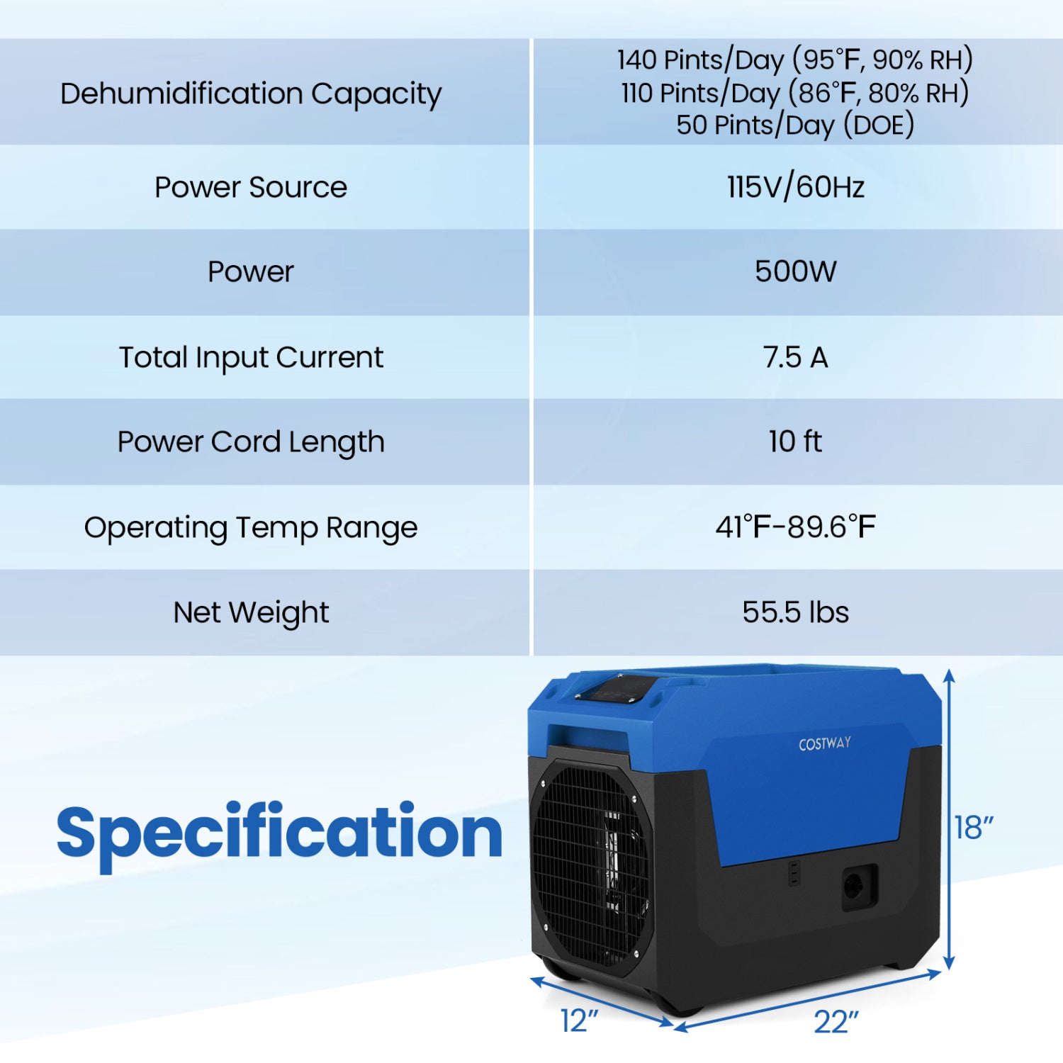 140 Pints Commercial Dehumidifier with Pump and Drain Hose, Blue Dehumidifiers at Gallery Canada