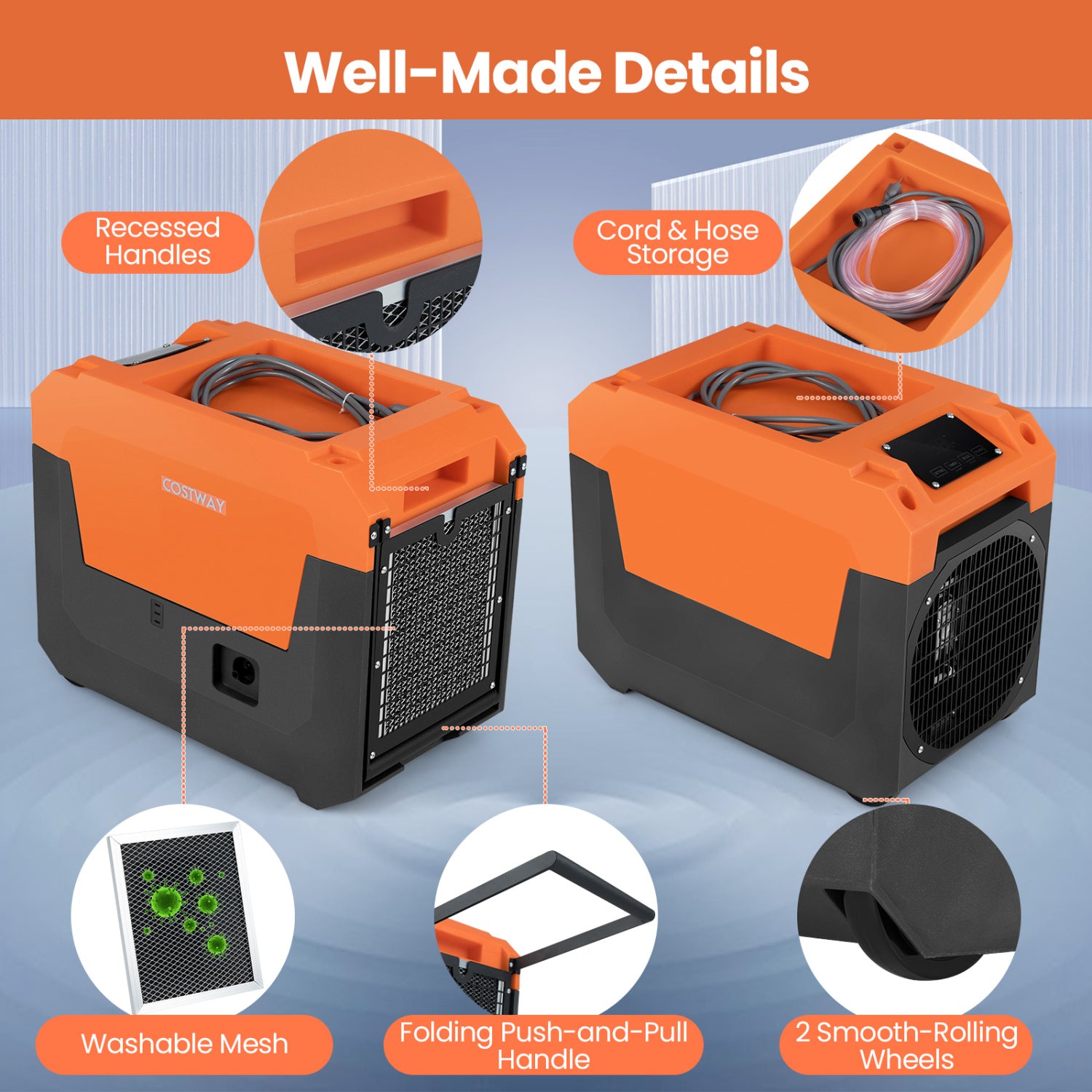140 Pints Commercial Dehumidifier with Pump and Drain Hose, Orange Dehumidifiers at Gallery Canada