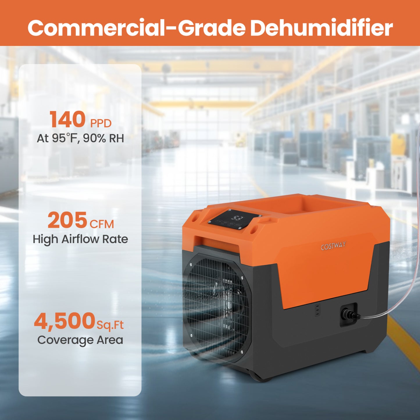 140 Pints Commercial Dehumidifier with Pump and Drain Hose, Orange Dehumidifiers at Gallery Canada
