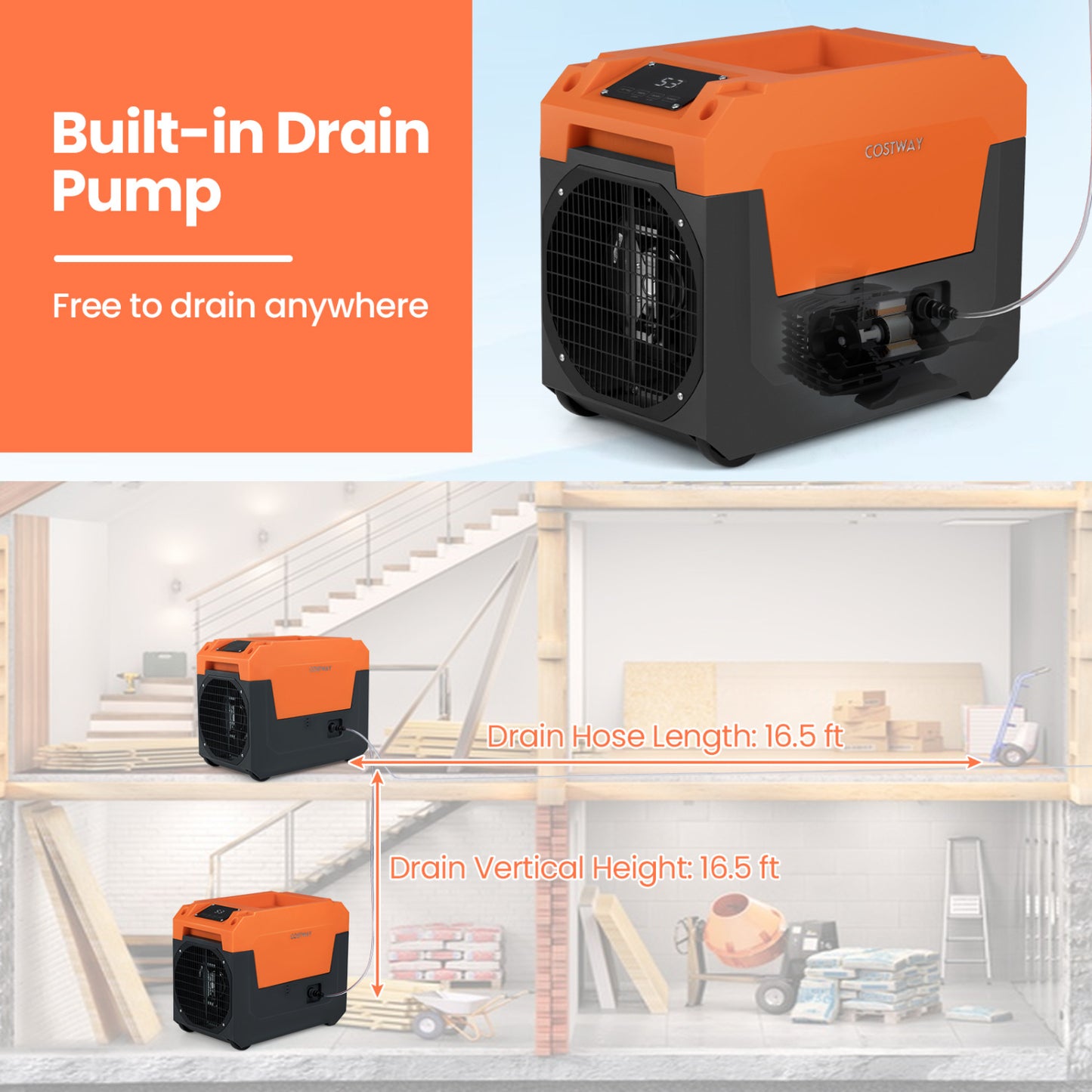 140 Pints Commercial Dehumidifier with Pump and Drain Hose, Orange Dehumidifiers at Gallery Canada