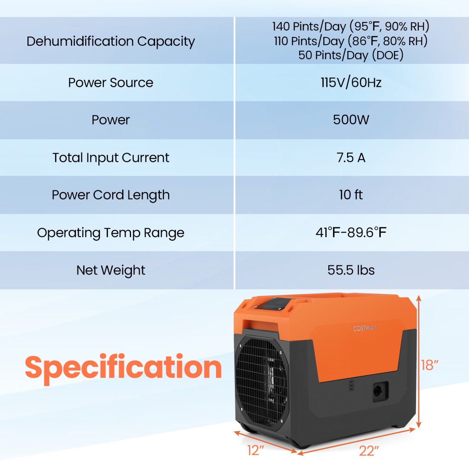 140 Pints Commercial Dehumidifier with Pump and Drain Hose, Orange Dehumidifiers at Gallery Canada