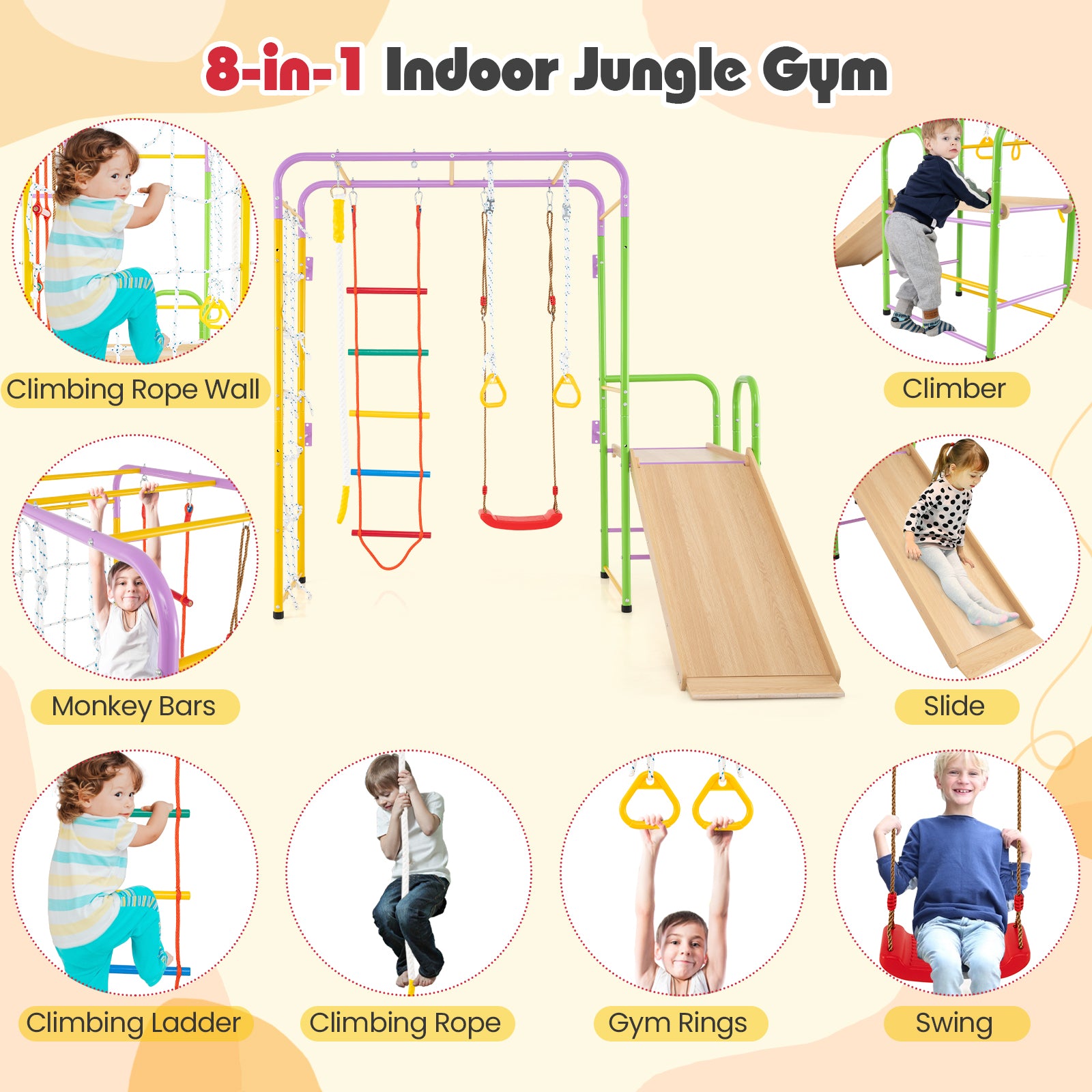 Metal Indoor Jungle Gym 8-in-1 Climbing Playset with Monkey Bars, Multicolor Climbers & Slides at Gallery Canada