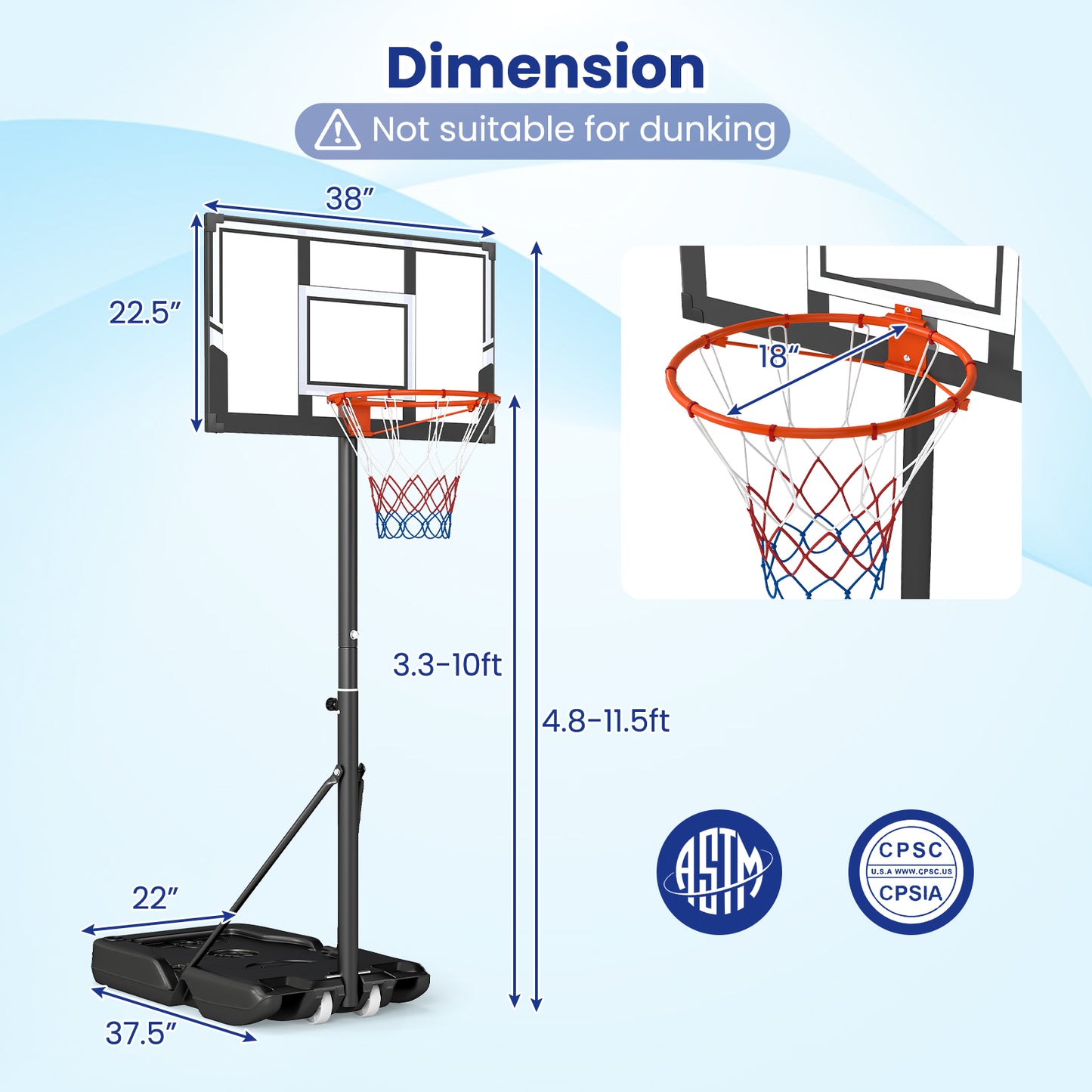 Portable Basketball Hoop, Adjustable 3.3-10 Feet, Black Sport Equipments at Gallery Canada