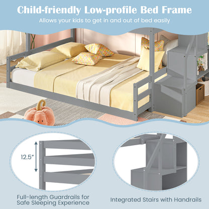 Solid Wood Twin Over Full Low Bunk Bed with Storage Stairs-Grey, Gray Bunk Bed Frame at Gallery Canada
