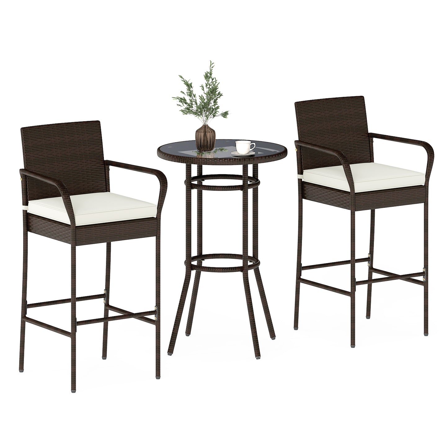 Patio Rattan Bar Height Table and Chairs with 2 Seat Cushions for Porch, White Patio Bar Furniture at Gallery Canada