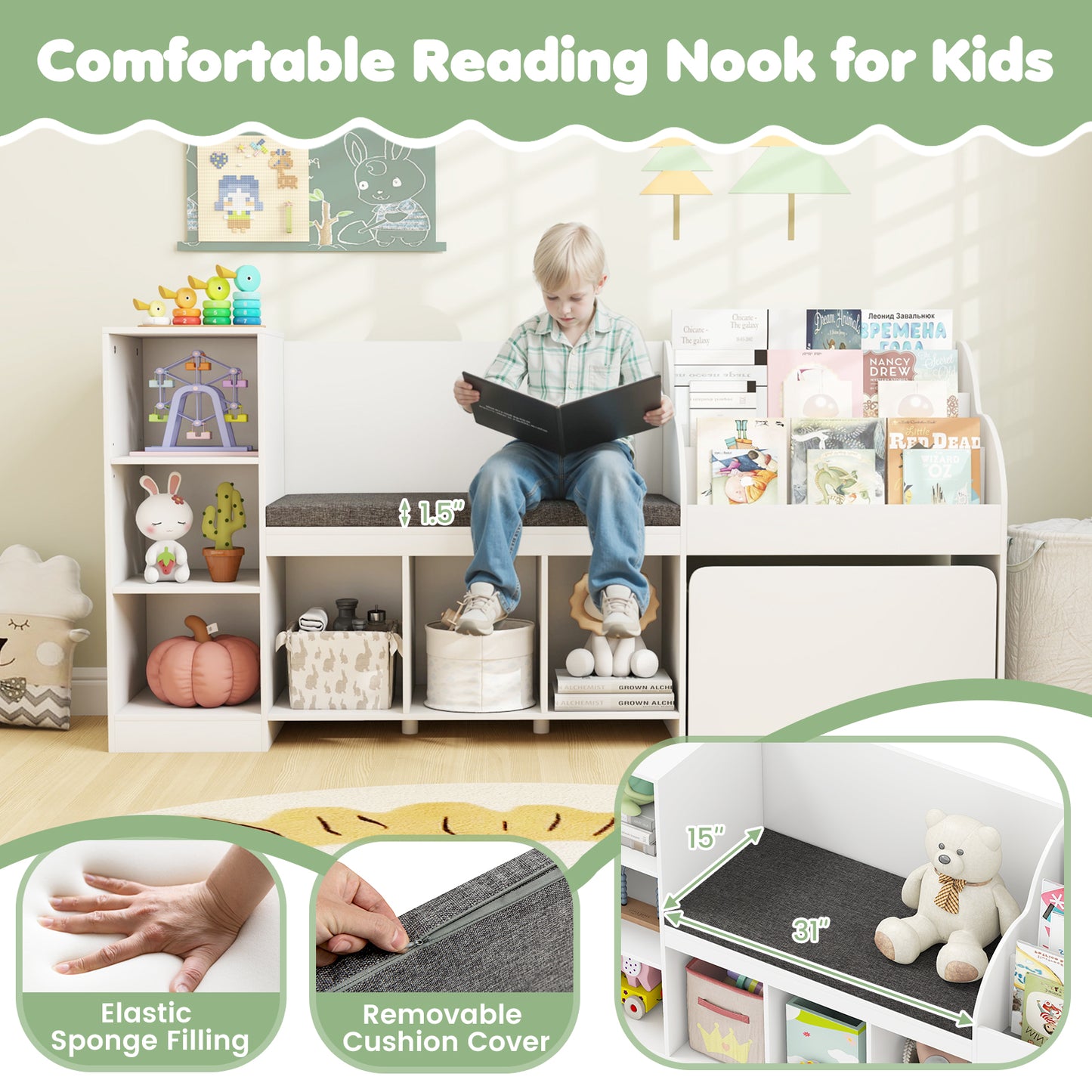 Kids Bookcase with Reading Nook 4-in-1 Standing Toy Organizer, White Kids Storage at Gallery Canada