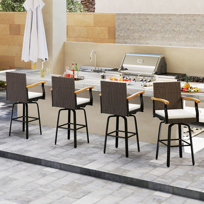 Outdoor 360° Swivel Bar Stool Set, With Cushion and Acacia Wood Armrests, Brown Patio Bar Furniture at Gallery Canada