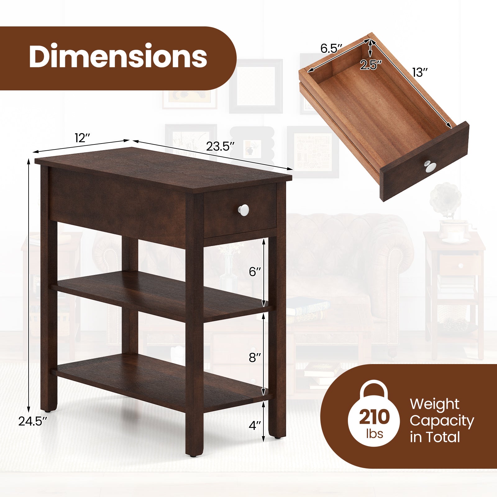 3-Tier Narrow End Table with Drawer and Storage Shelves, Walnut Living Room at Gallery Canada
