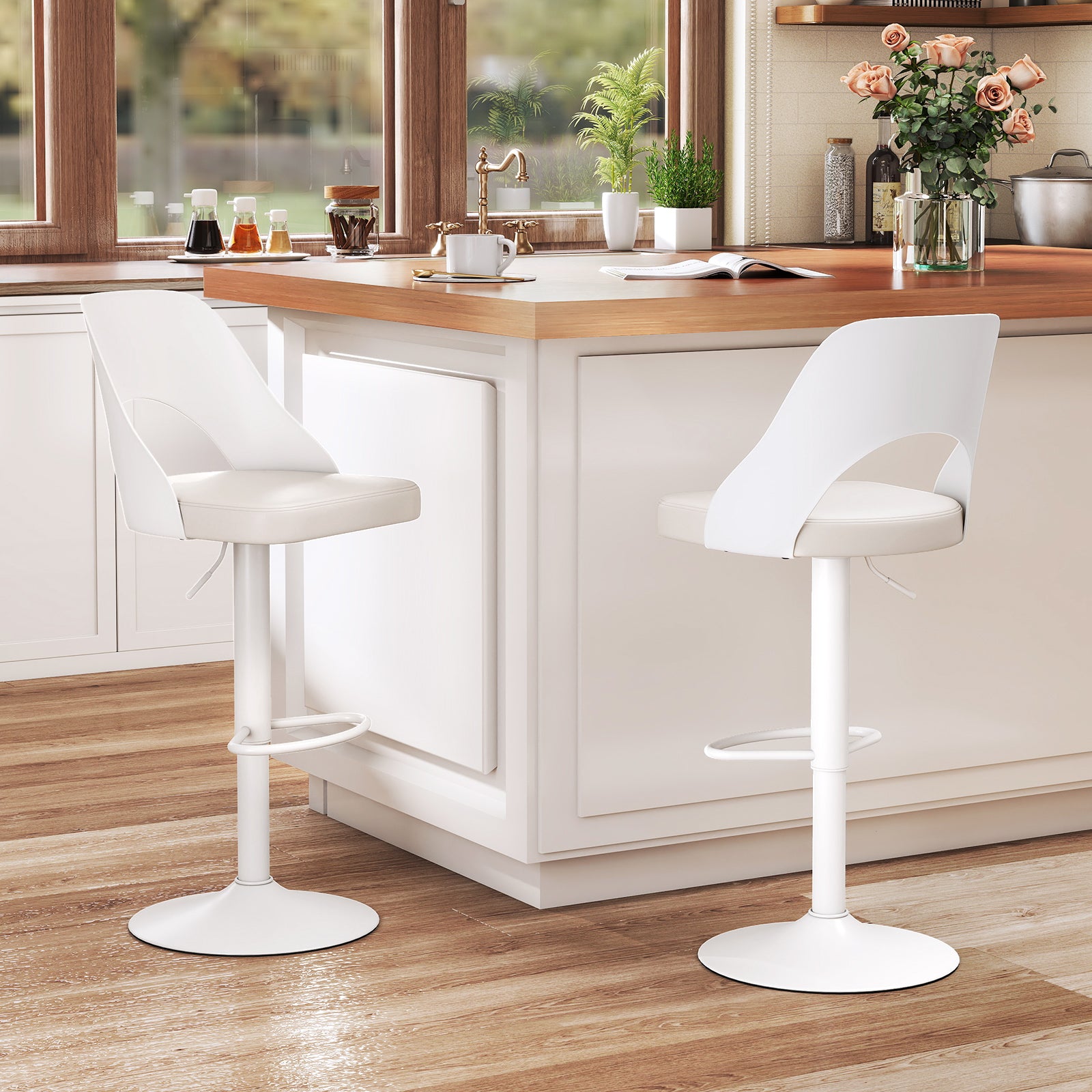 Bar Stools Set of 2 with Enlarged PU Leather Seat and Footrest, White Bar Stools at Gallery Canada