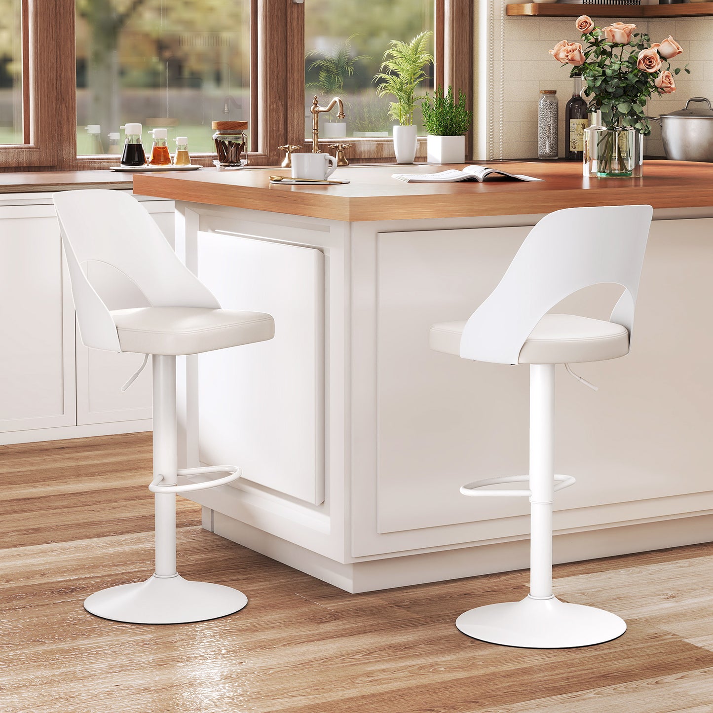 Bar Stools Set of 2 with Enlarged PU Leather Seat and Footrest, White Bar Stools at Gallery Canada