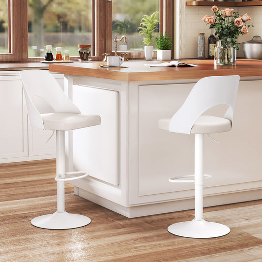 Bar Stools Set of 2 with Enlarged PU Leather Seat and Footrest, White Bar Stools White at Gallery Canada