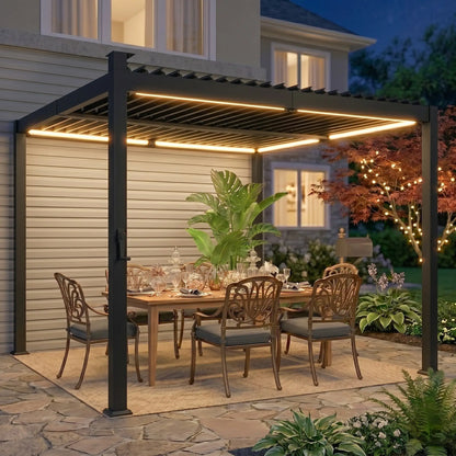 10 x 10 ft Louvered Pergola with Solar LED lights, Metal Roof, Outdoor Pergola Gazebo with Drainage Gutters, Black Pergolas at Gallery Canada