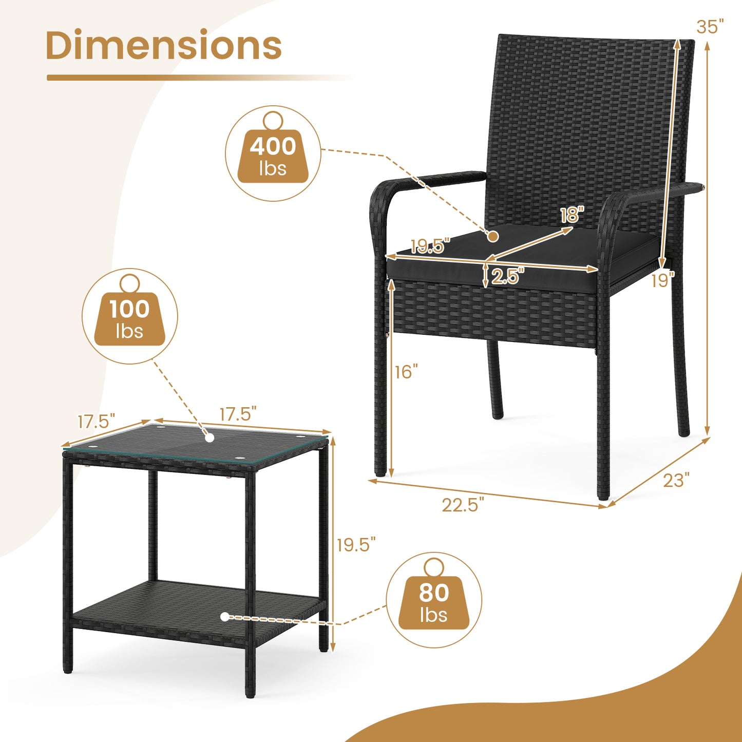 3 Piece Patio Furniture Set with Seat Cushions and Tempered Glass Tabletop, Black Patio Conversation Sets at Gallery Canada
