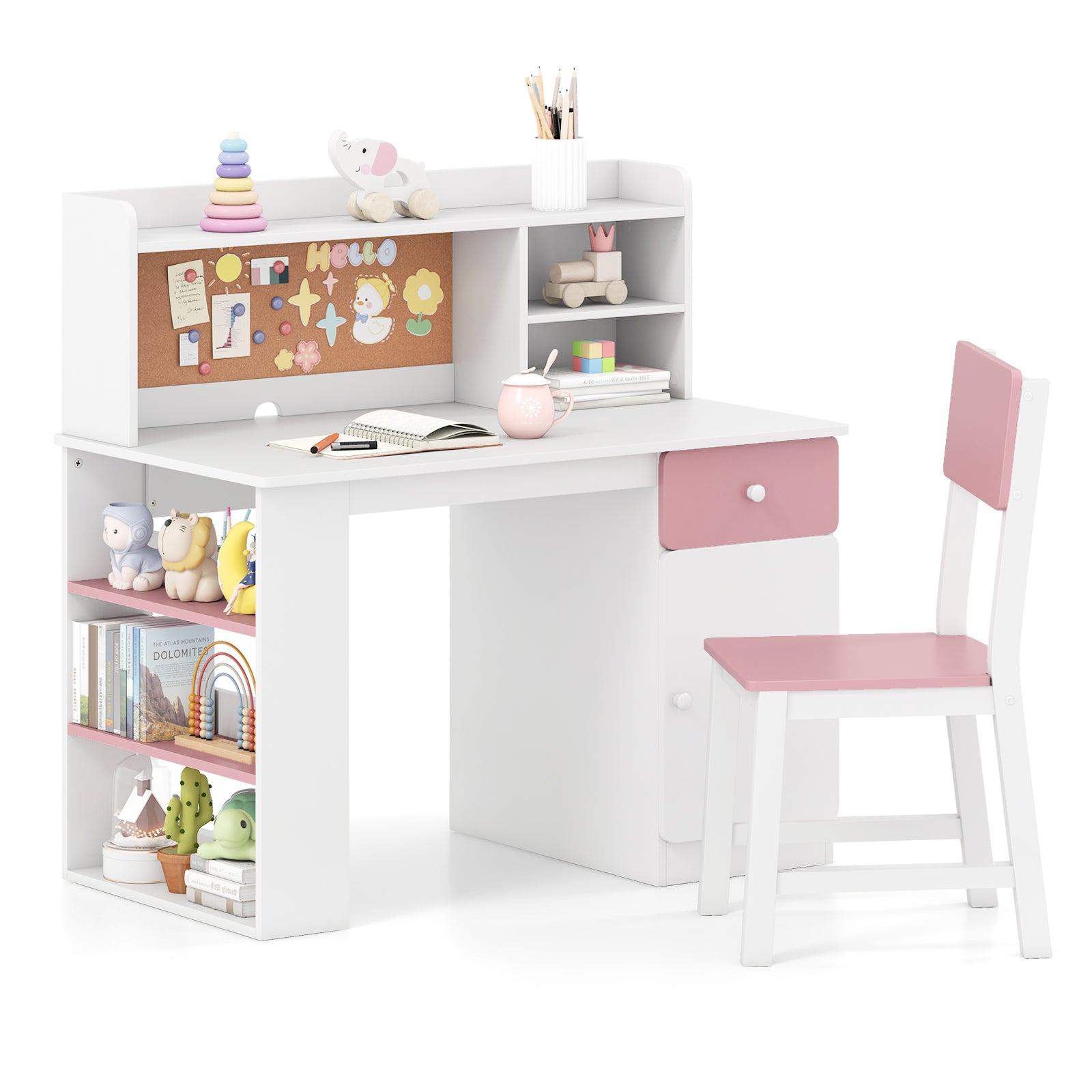 Kids Desk and Chair Set with Hutch and 3-Layer Side Shelf, Pink Kids Table & Chair Sets at Gallery Canada