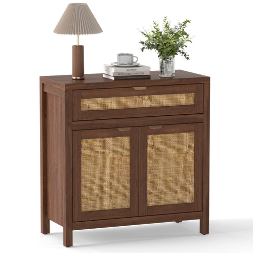 Sideboard Storage Cabinet, Rattan Doors And Drawer, Brown