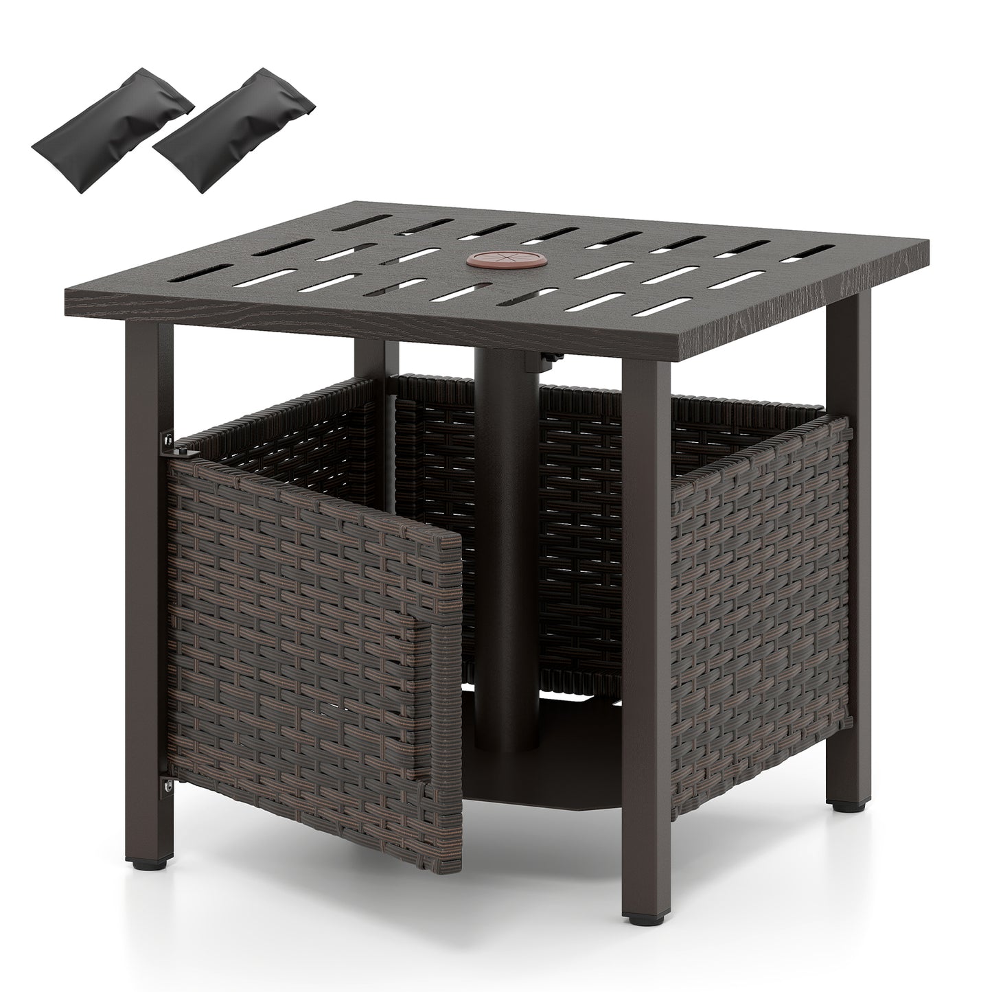 Outdoor Side Table, 1.93" Umbrella Hole, All-Weather PE Wicker, Brown Patio Coffee Tables at Gallery Canada