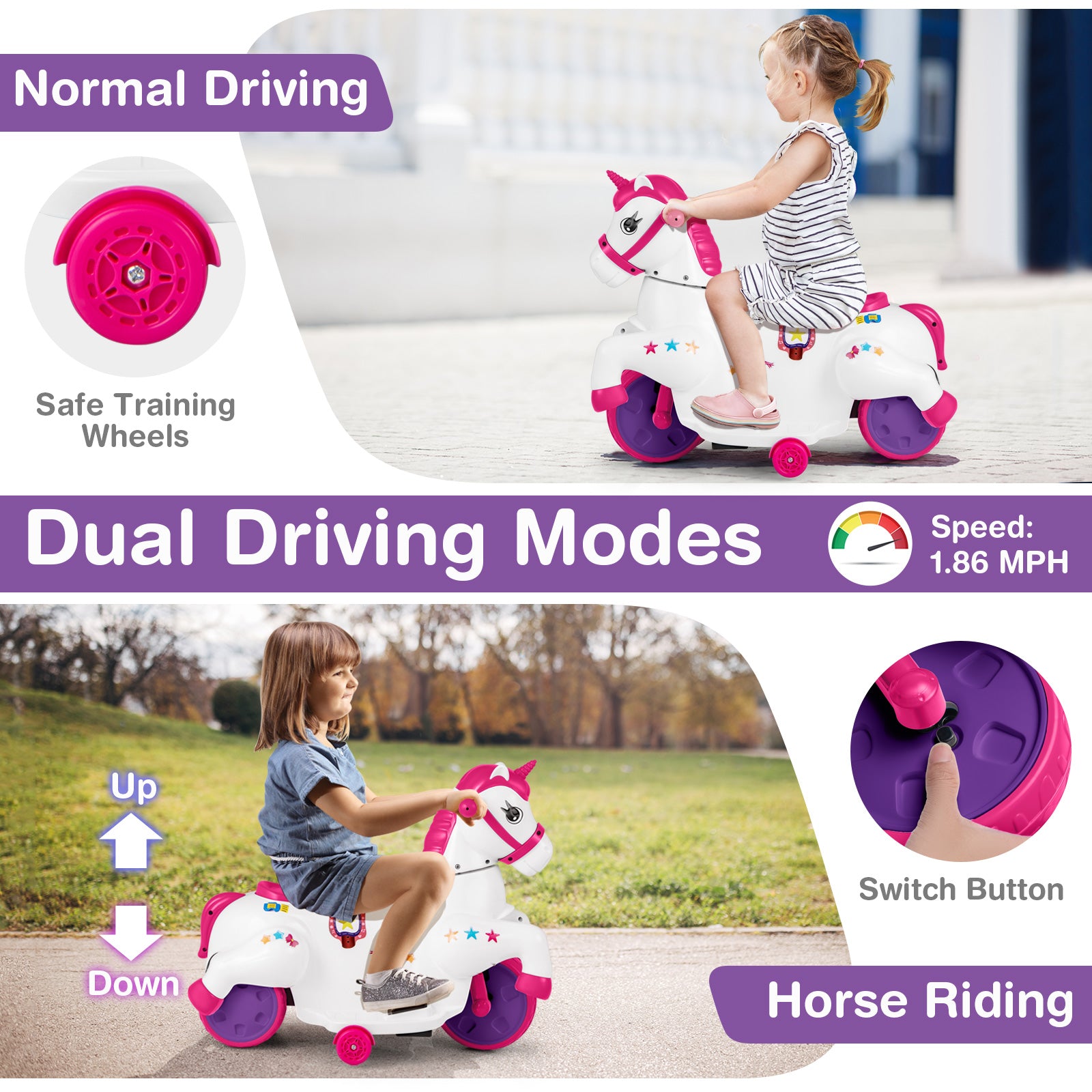 12V Unicorn Ride on Toy with Training Wheels and Horse Riding Mode, Rose Red Powered Ride On Toys at Gallery Canada