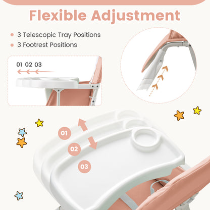 Easy Clean Compact Highchair with Removable Adjustable Tray and PU Seat Cushion, Pink Nursery Furniture at Gallery Canada