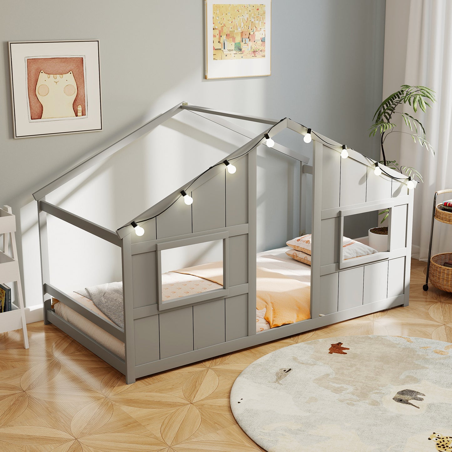 Twin Size House Bed with LED Lights Montessori Slat-free Floor Bed-Grey, Gray Toddler Beds at Gallery Canada