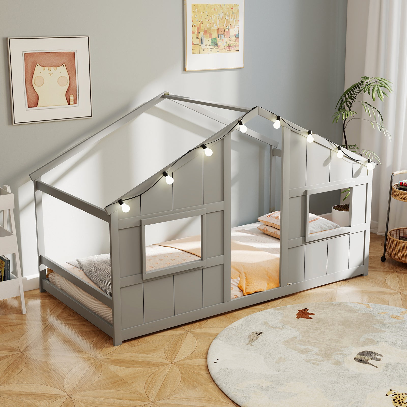 Twin Size House Bed with LED Lights Montessori Slat-free Floor Bed-Grey, Gray Toddler Beds at Gallery Canada