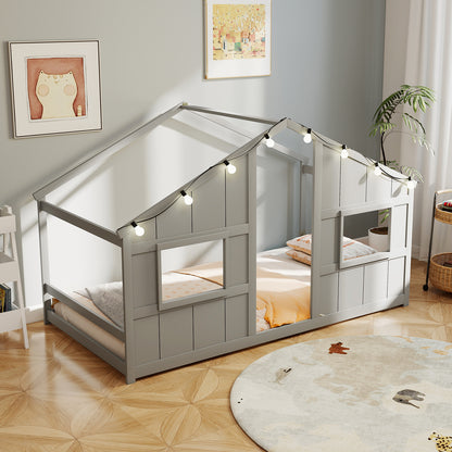Twin Size House Bed with LED Lights Montessori Slat-free Floor Bed-Grey, Gray Toddler Beds at Gallery Canada