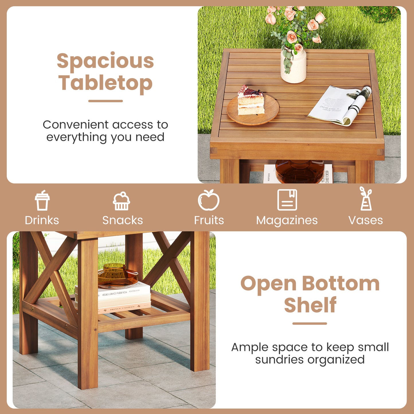 Outdoor Side Table with Storage Shelf for Small Space, Natural Patio Coffee Tables at Gallery Canada