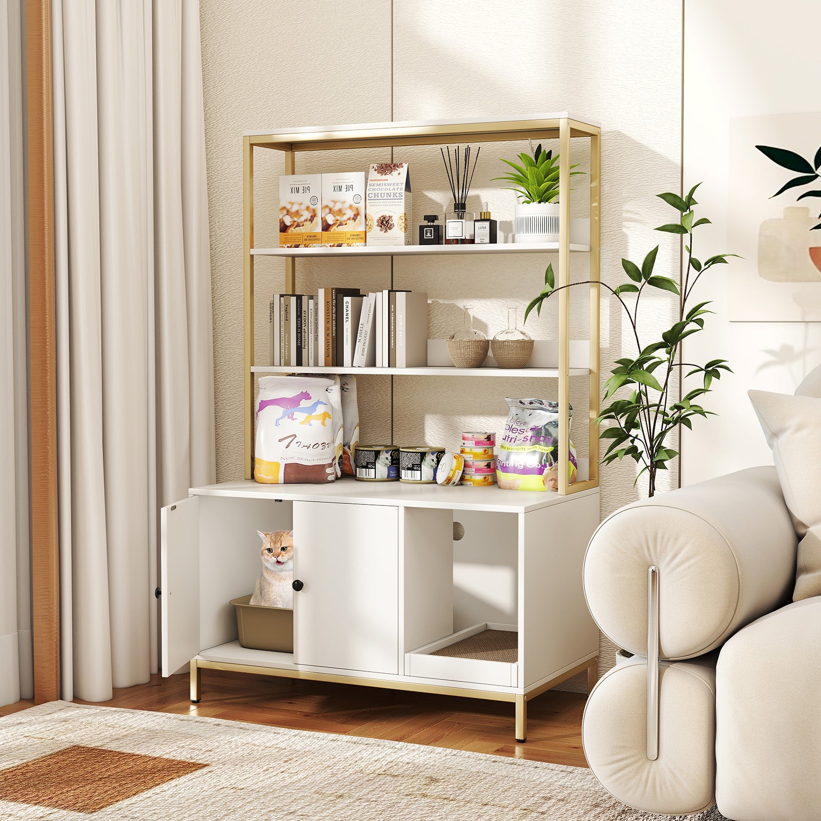 57 Inches Cat Litter Box Enclosure with Storage and Removable Scratcher, White Cat Houses at Gallery Canada