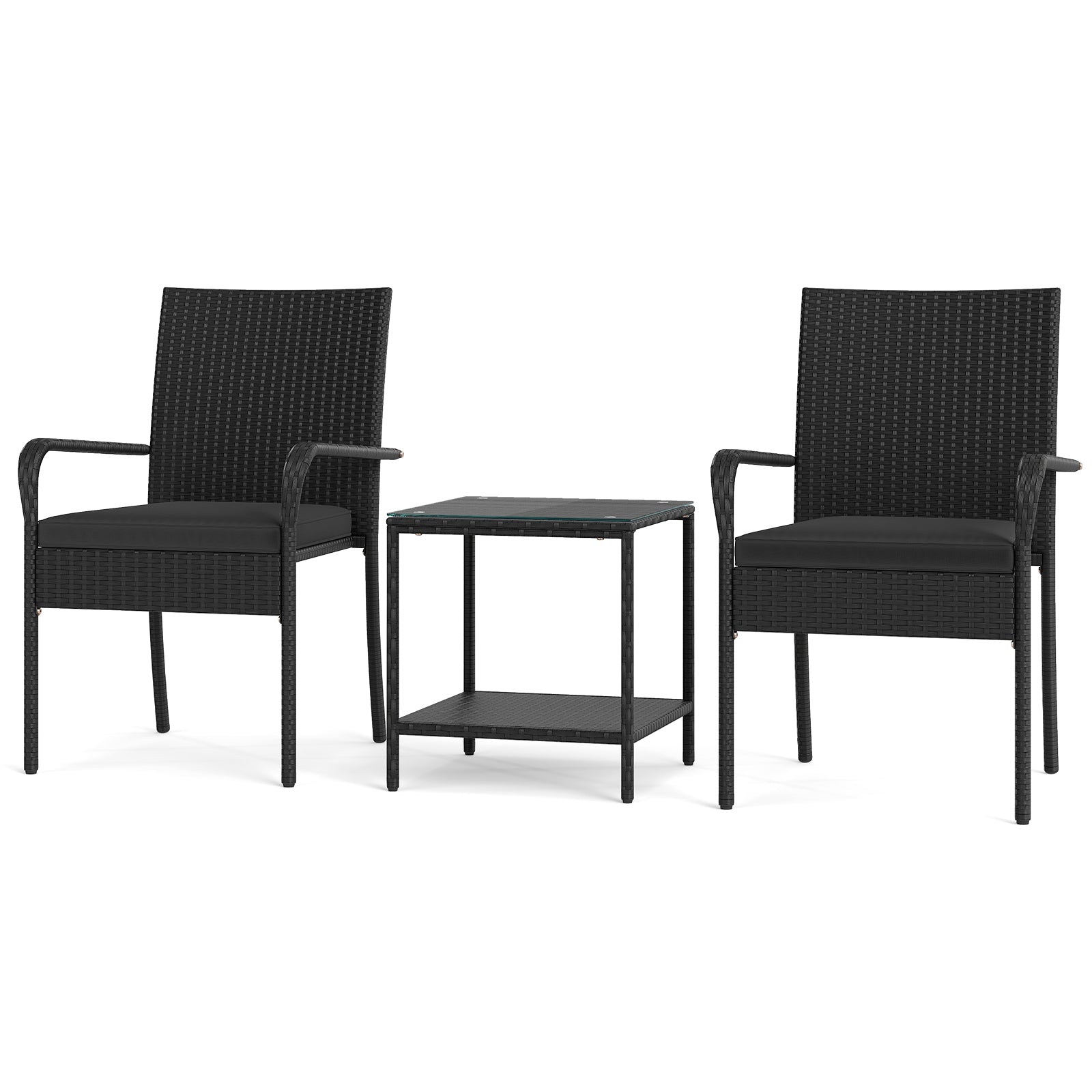 3 Piece Patio Set With Seat Cushions, Tempered Glass Tabletop, Black Patio Conversation Sets Black at Gallery Canada