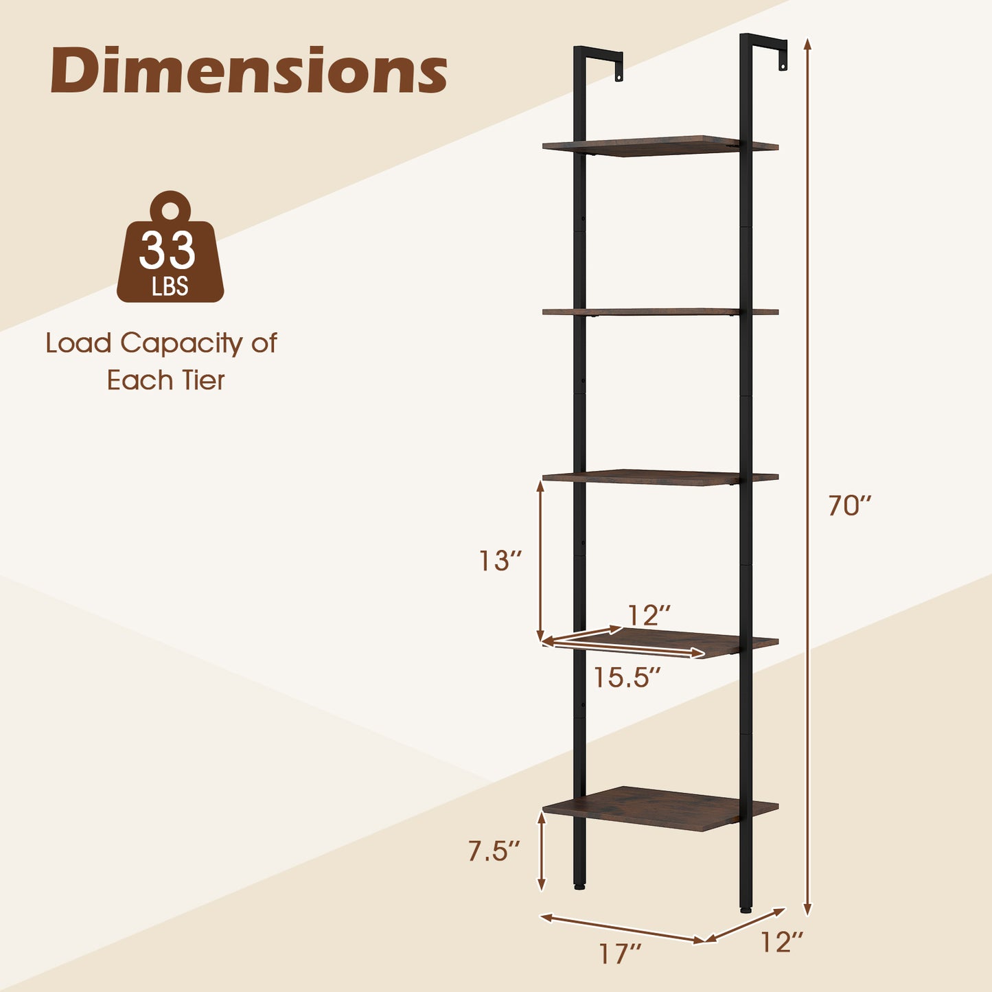 5 Tier Wall Mount Ladder Shelf with Anti-Tipping Kits for Home Office, Rustic Brown Bookcases at Gallery Canada