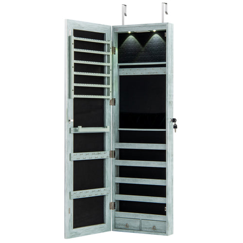 Wall and Door Mounted Mirrored Jewelry Cabinet with Lights, Navy