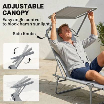 Outdoor Lounge Chair, Adjustable Folding Chaise, Sun Shade, Light Grey