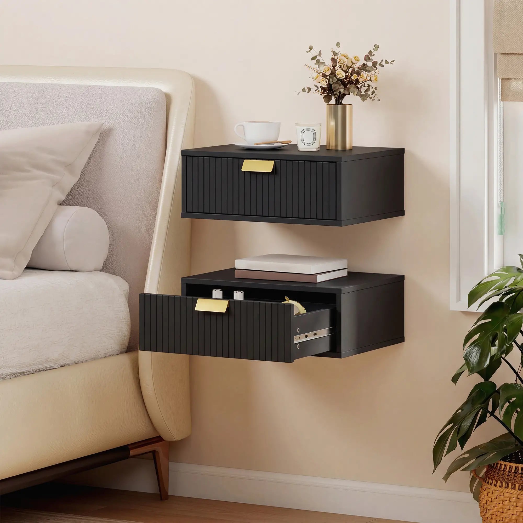 Modern Floating Nightstands, Set of 2, Wall Mounted, Wave Drawer, Black Bedside Tables at Gallery Canada
